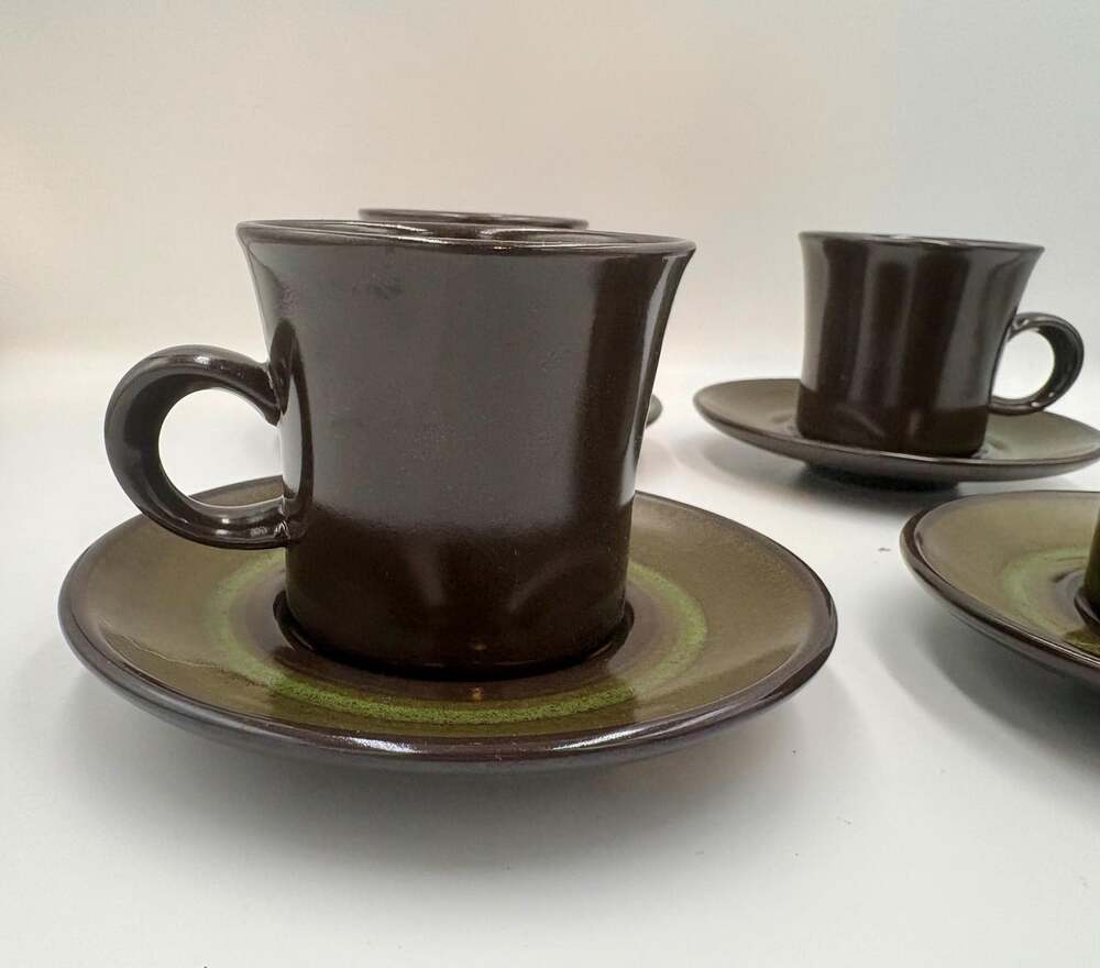 Vintage Mid-Century Brown & Green Coffee Cups with Matching Saucers – Set of 4 –